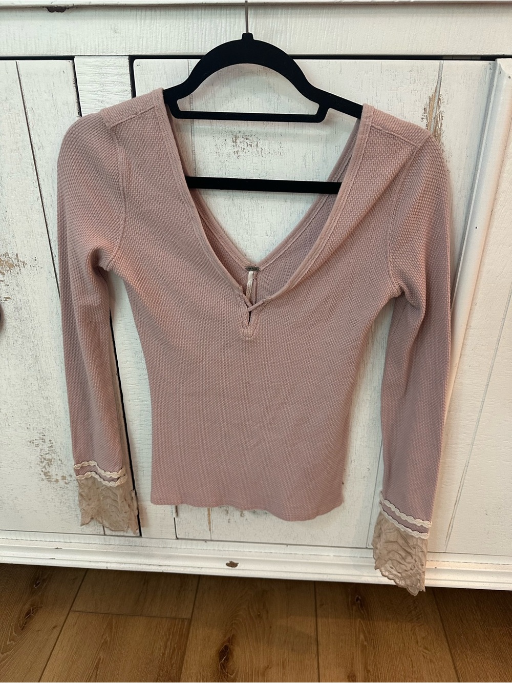 Free People Dusty Rose Long Sleeve V-Neck Knit Top with Lace Cuffs